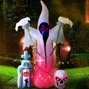 8 FT Large Halloween Inflatable - White Ghost with Red Rotated Lights, Blow up H